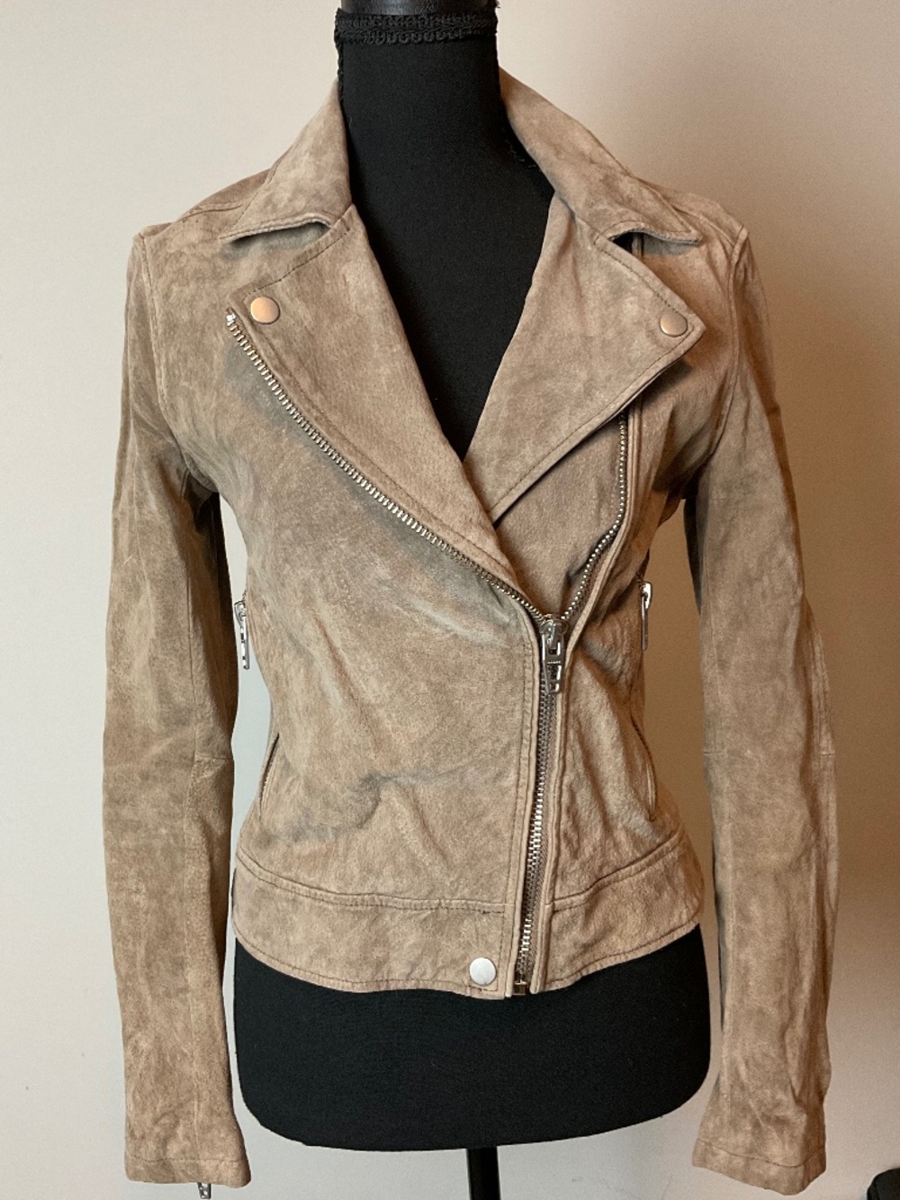 BLANKNYC Suede Moto Jacket in a taupe or sand brown shade
